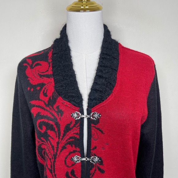 NorthStyle Alpaca Longline Cardigan S Red Black Floral Scroll Clasp Romantic - Picture 3 of 9